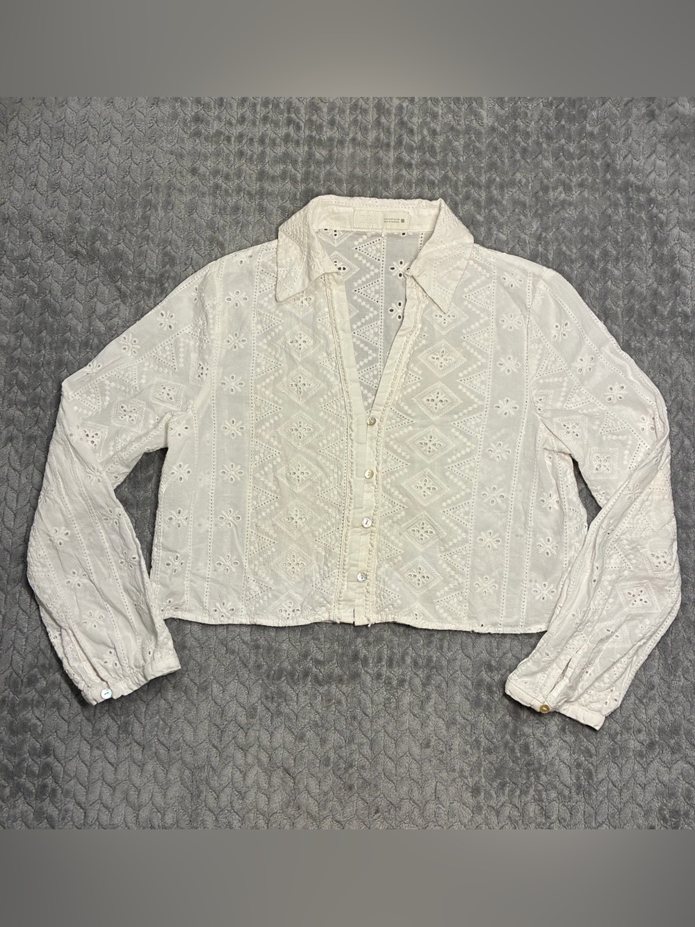 Zara Cream Embroidered Eyelet Button-Down Shirt